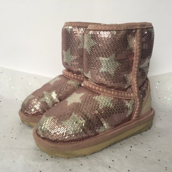 Ugg Kids Classic Short Suede Pink Sequin Stars Boot II - Size 6 Shearling Lined - Picture 5 of 11